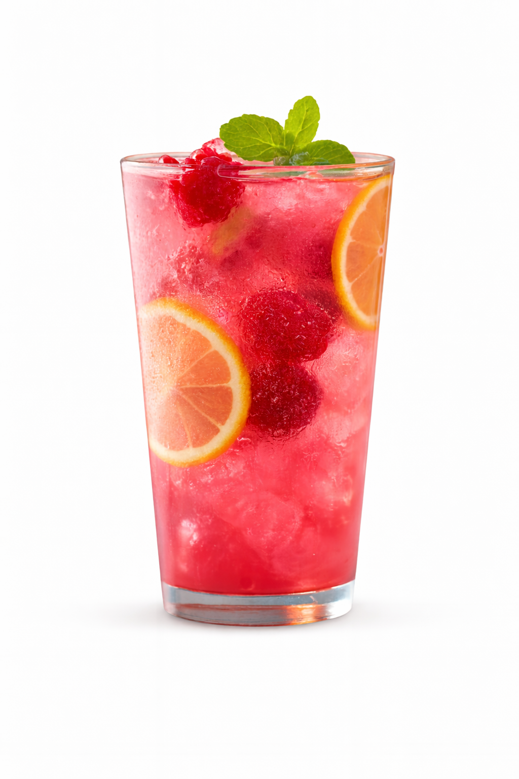 Glass of raspberry lemonade with ice, a serving suggestion