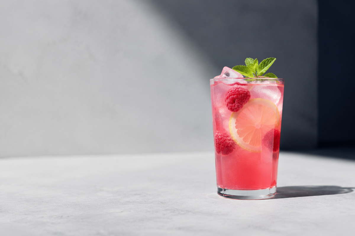 Raspberry lemonade with ice and fruit, serving suggestion