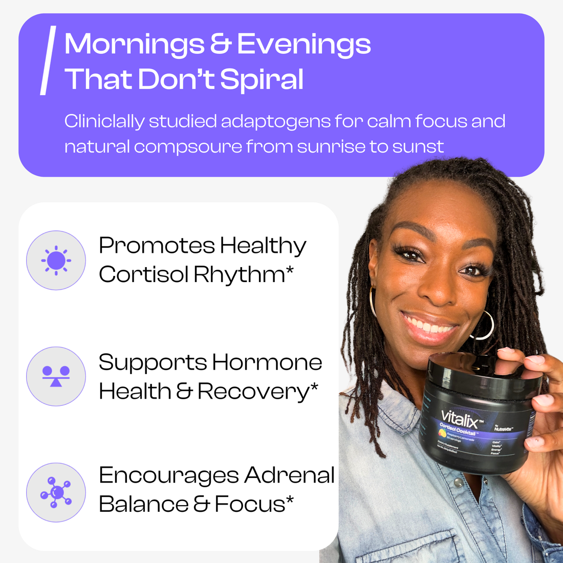 Woman holding a jar of Vitalix product with text about its benefits on a white background