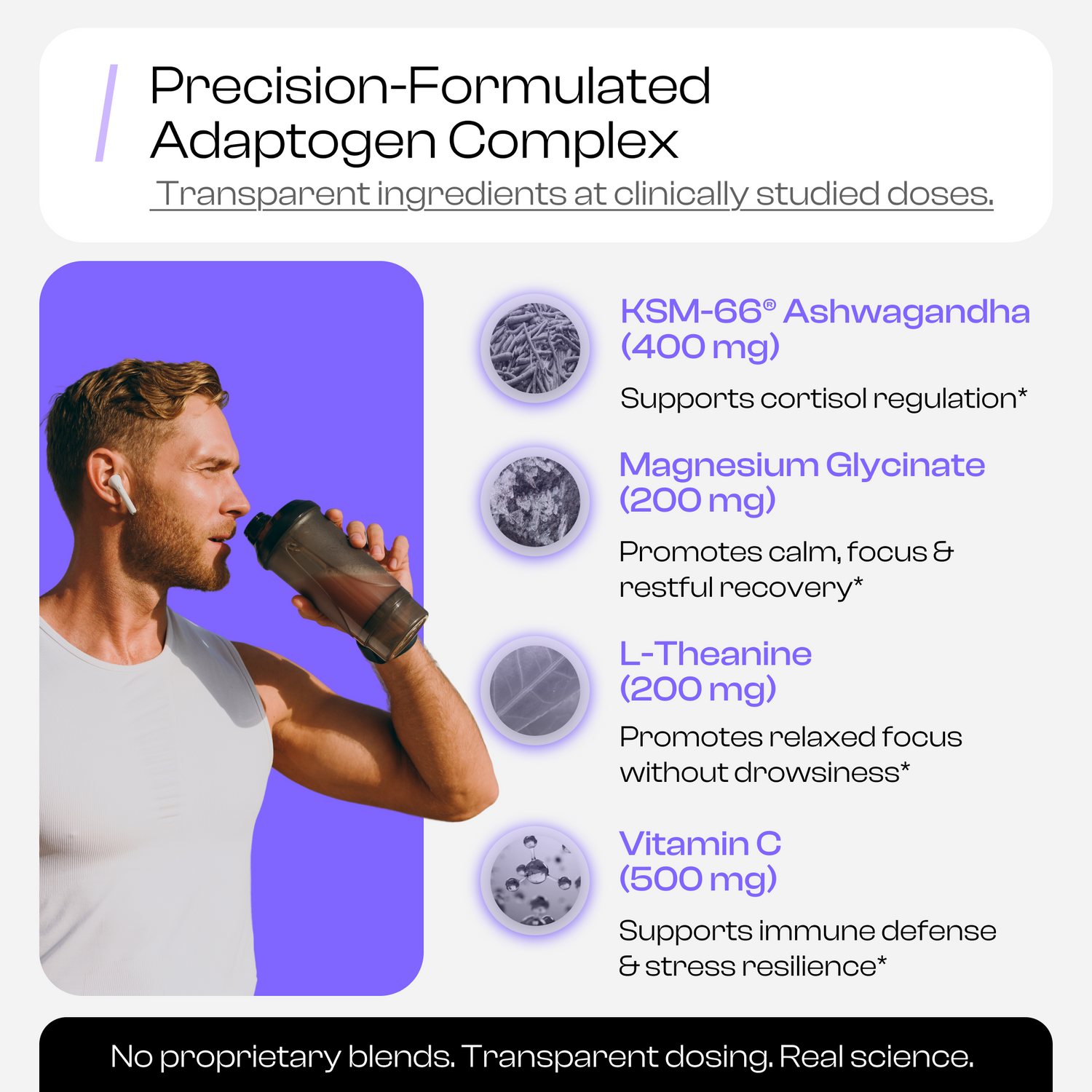 Advertisement for a precision-formulated adaptogen complex with a man drinking from a supplement bottle.