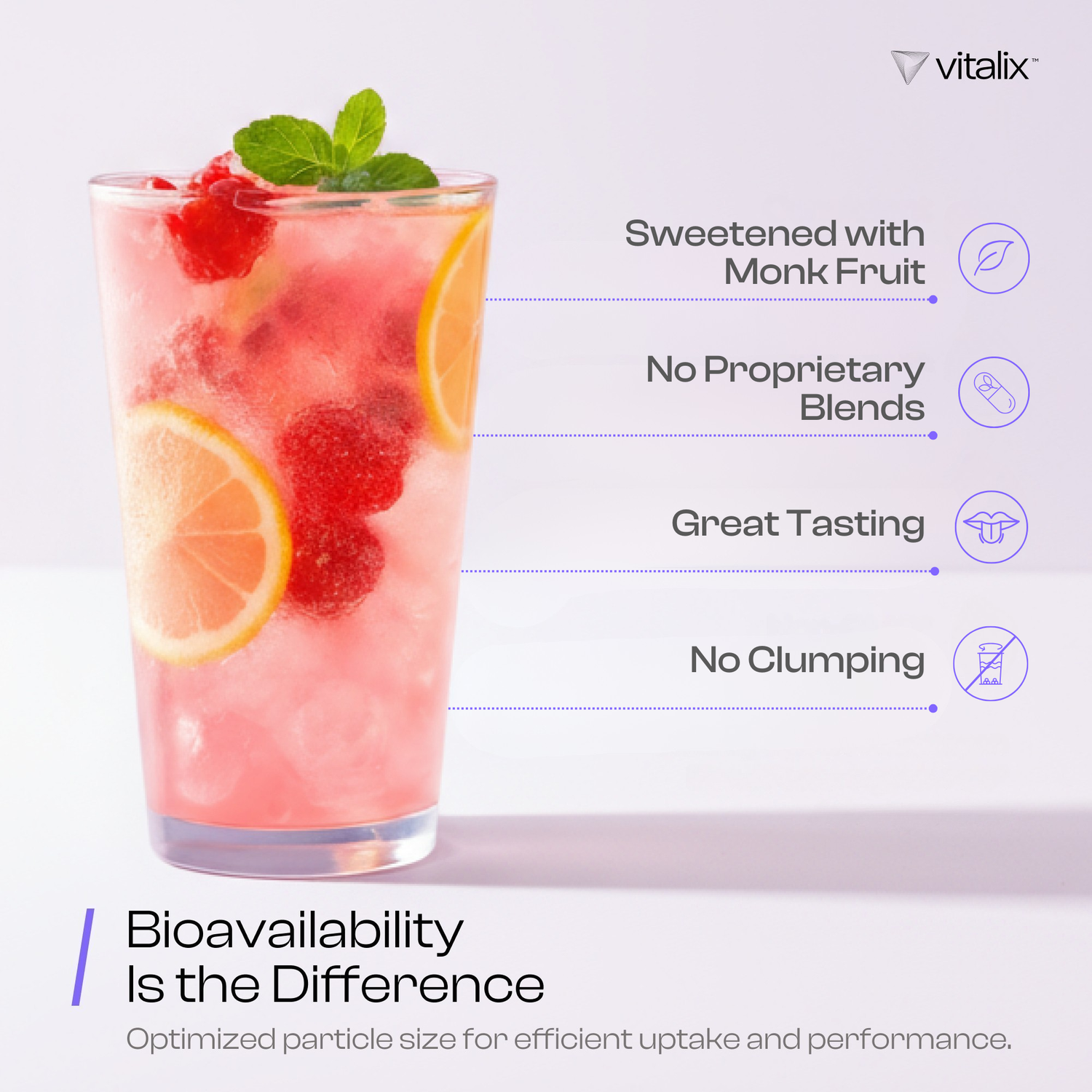 Glass of pink drink with raspberries and lemon slices, featuring Vitalix branding and product benefits.