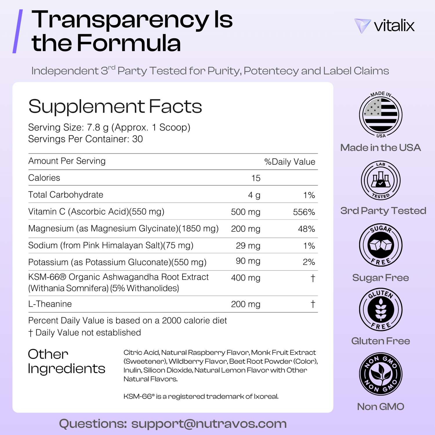 Supplement label with facts and logos on a light purple background