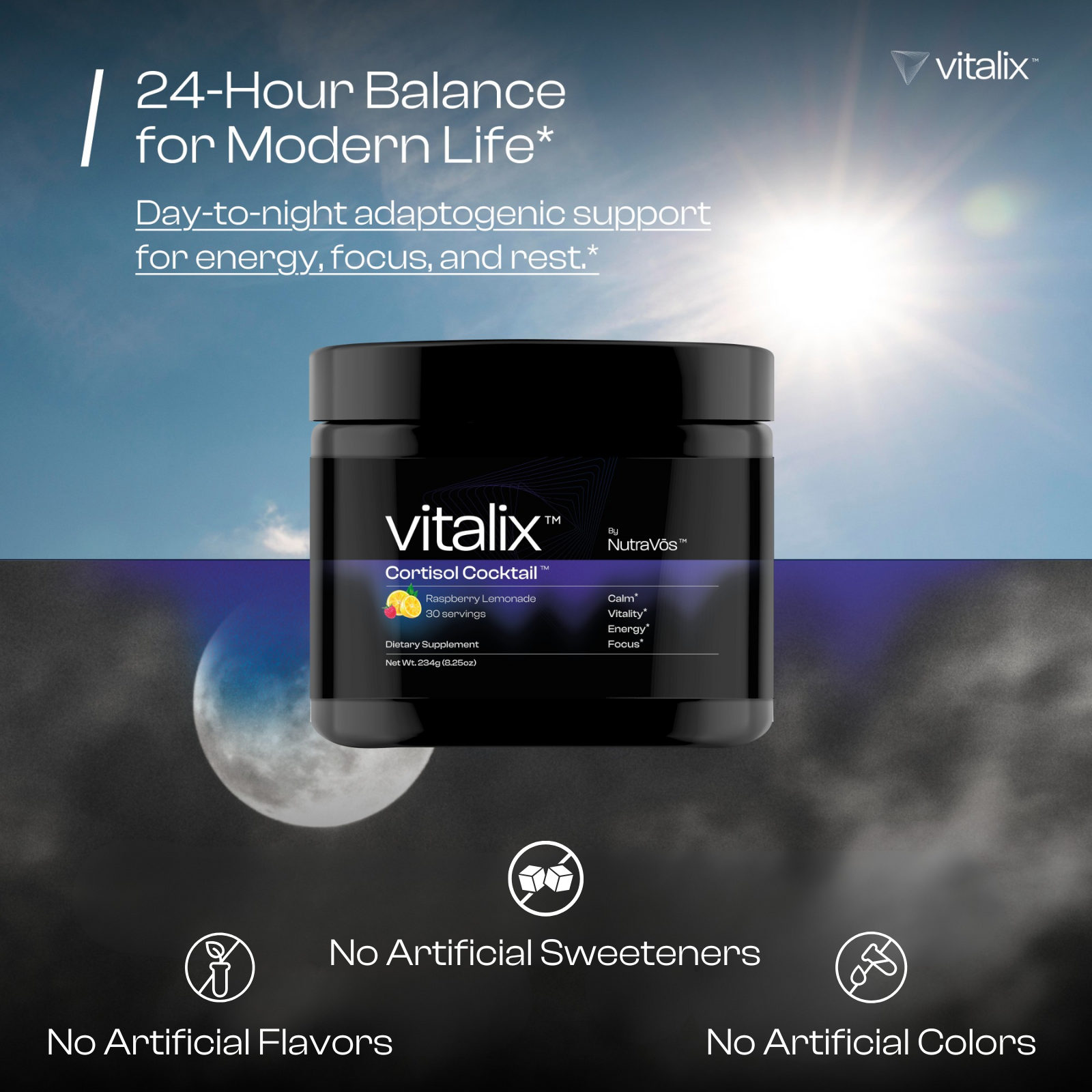Vitalix Cortisol Cocktail supplement container with celestial background