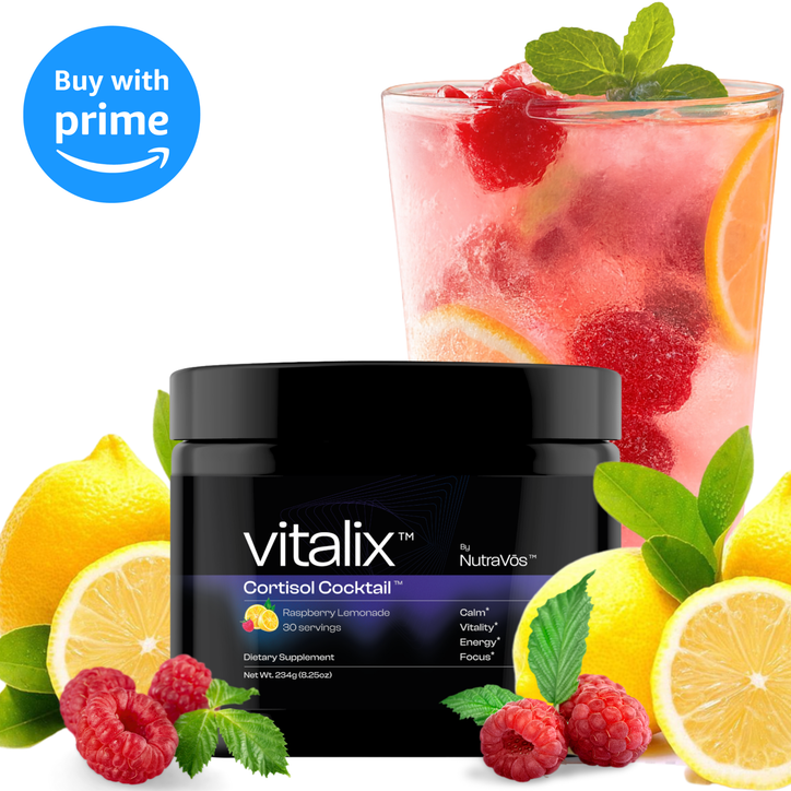 Vitalix Cortisol Cocktail supplement jar with a fruit cocktail in the background, featuring Amazon's Prime logo.
